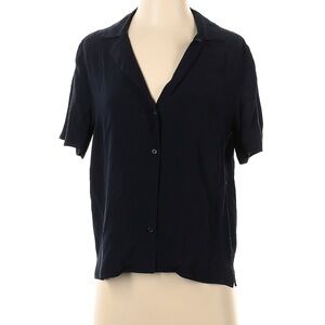 Claudie Pierlot Collared Button Down Short Sleeve Shirt in Dark Blue